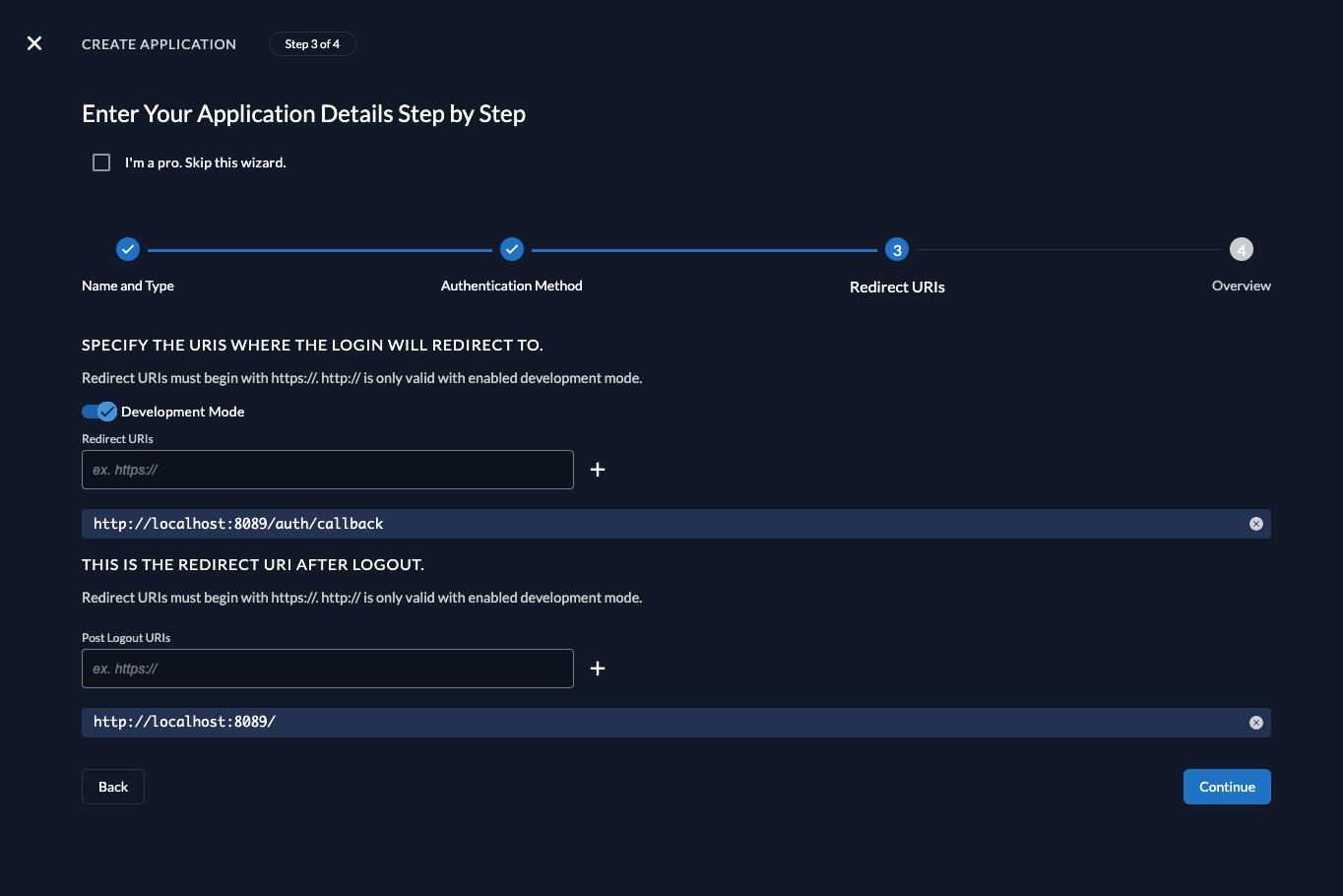 Create app in console - set redirectURI